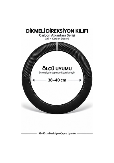 Trobus Dacia Spring 2021-2025 Uyumlu Dikmeli Direksiyon Kılıfı Carbon Alkantara Karbon Desenli Gri