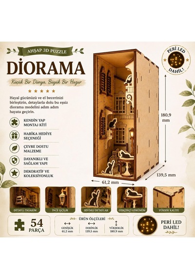 Algwooddesign Diorama Ahşap Maket, 54 Parça Dıy Minyatür Fransız Sokağı Ve Kedi Temalı Book Nook, Peri Led Dahil, Mdf 3d Puzzle, Dekorasyon Seti, 13,9