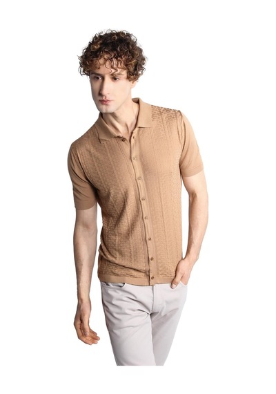 Vizon Slim Fit Dar Kalıp Düğmeli Polo Yaka Desenli Kısa Kollu Triko Tişört-16322 Bej