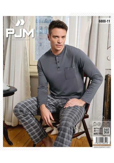 Pijamoni Erkek Düğme Yaka Uzun Kol Mevsimlik Pijama Takımı 6800/11 - 1 Adet Füme