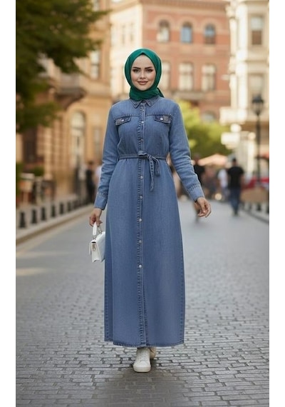 Hb Harma Time Butik Kadın Boncuk İşlemeli Düğmeli Kuşaklı Kot Mavi Elbise