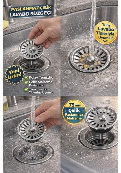 Paslanmaz Çelik Lavabo Süzgeci 8 Cm Gider Tıpası Mutfak Banyo Koku Önleyici Filtre
