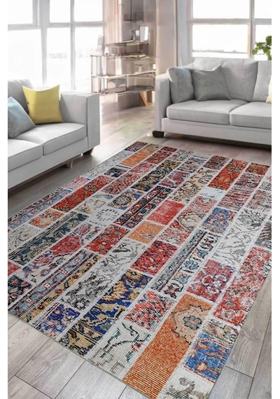 Çam Halı Siesta Patchwork 32-457 Etnik Eskitme Desenli Dokuma Tabanlı Yıkanabilir Şönil Salon Ve Oda Halısı Multi 24