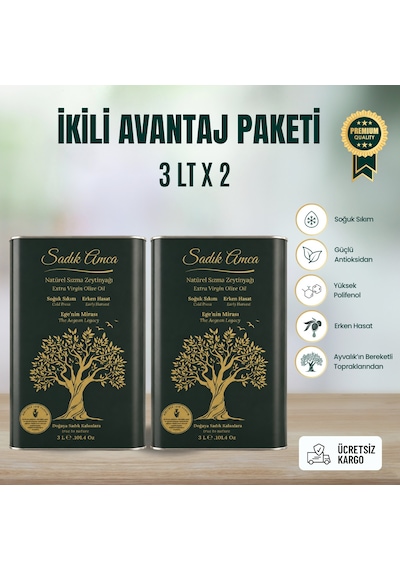 Erken Hasat Soğuk Sıkım Natürel Sızma Zeytinyağı 3 Lt.x2 Özel Tasarım Teneke