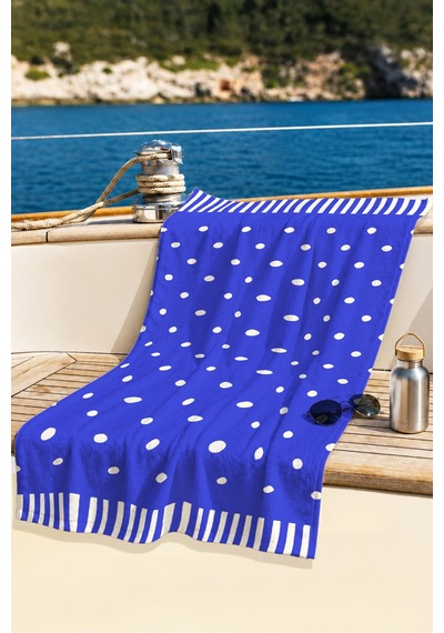 Puantiyeli Çizgili Mavi Plaj Havlusu - Marine Modern Lacivert Beyaz Hızlı Kuruyan Mikrofiber Havlu Çok Renkli