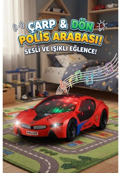 Çarp Dön Araba 1:18 Ölçekli 25 Cm Müzikli Ve 3d Işıklı Pilli Eğlenceli Oyuncak Polis Arabası