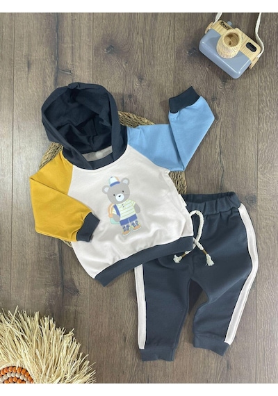 Bebicix Teddy Ayıcık Baskılı Kapüşonlu Renkli Kol Detaylı Erkek Bebek Takım Koyu Füme