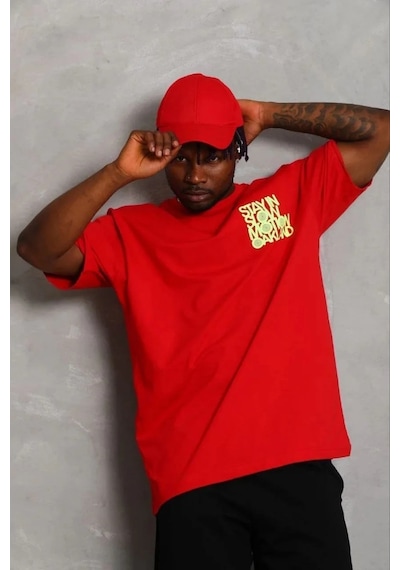 Erkek Baskılı T-shirt Kısa Kol Bisiklet Yaka Regular Fit Tişört - Kırmızı Kırmızı