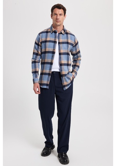 Tudors Erkek Slim Fit Dar Kesim Kareli Kışlık Oduncu Gömlek-42348 Mavi