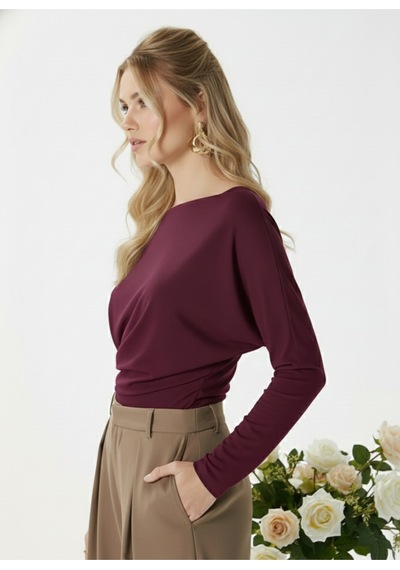 Fiolin Kadın Elegant Asimetrik Omuz Detaylı Bluz bordo