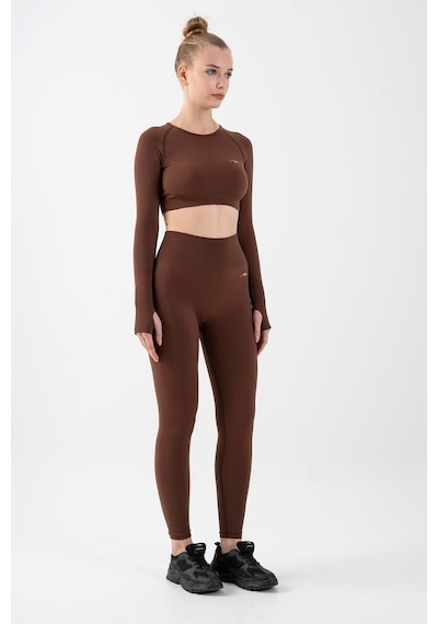 Maraton Active Slimfit Kadın Bisiklet Yaka Uzun Kol Training Sepya Crop Top 816005 Kahverengi