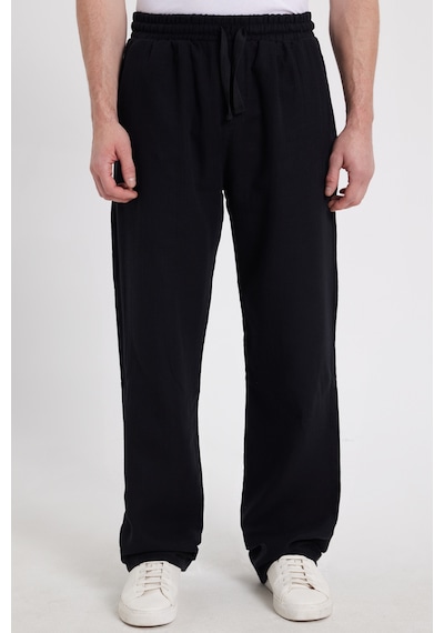 Tudors Erkek Baggy Fit Geniş Kesim %100 Pamuk Beli Lastikli Yandan Cepli Müslin Siyah Düz Pantolon-46259