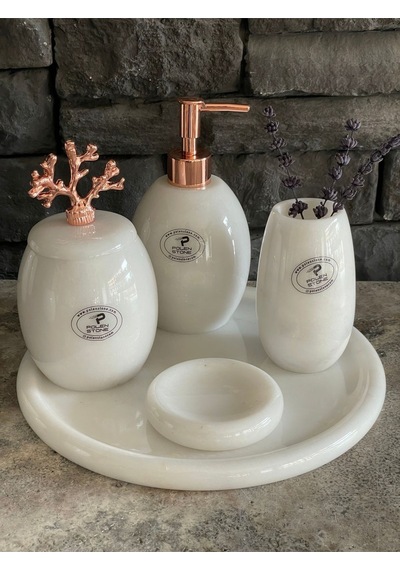 Beyazı Mermer Rose Gold Mercan Aksesuarlı Oval 5,li Banyo Seti Beyaz