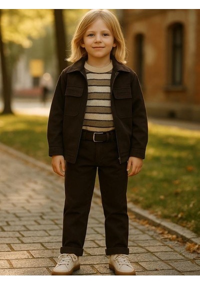 Zekids Erkek Çocuk Kemerli Gabardin Pantolon-16347 Kahverengi