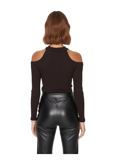 Ersefa Stil Kadın Carmen Yaka Choker Detaylı Fitted Vücuda Oturan Fitill Kahverengi