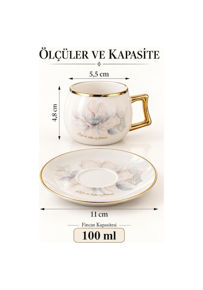Valkyrie Magnolia Serisi 12 Parça 6 Kişilik 100 Ml Gold Çiçek Desenli Türk Kahvesi Fincan Takımı Beyaz Altın