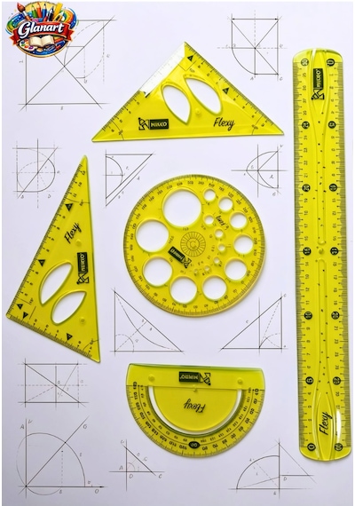 Cetvel, Gönye, Açı Ölçer Ve Daire Şablonu Seti 30 Cm Esnek Kırılmaz Cetvel Takımı 5 Li Set Sarı