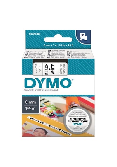 Dymo D1 Yedek Şerit Beyaz/Siyah 6Mm X 7Mt 43613