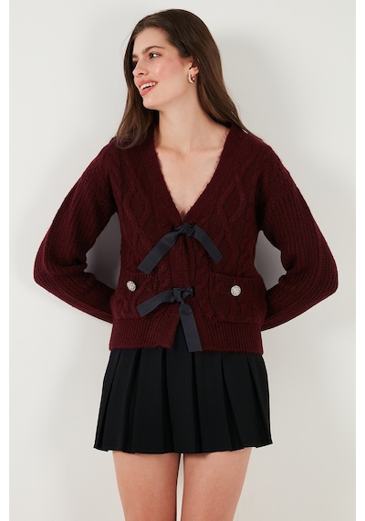 Lela Premium Regular Fit V Yaka Fiyonk Bağlama Detaylı Örgü Desenli Triko Bayan Hırka 680Kz1947 Bordo