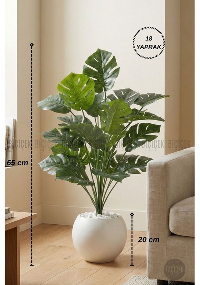 Biçiçek Yapay Monstera Deve Tabani Bi̇tki̇si̇ 65 Cm Beyaz Küre Saksıda