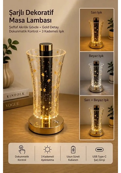 Dokunmatik Led Masa Lambası Şeffaf Akrilik Gövdeli Gold Detaylı Şarjlı Dokunmatik Led Masa Lambası 3