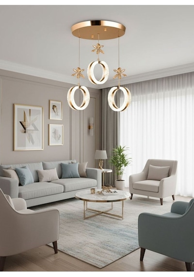 Aurea Model 3 Lü Kristal Taşlı Gold 3 Renk Modu Ledli Salon Mutfak Oturma Odası Sarkıt Led Avize Altın