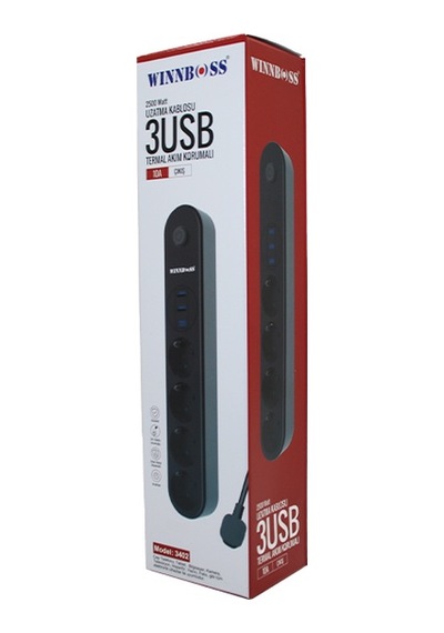 Wınnboss-3440 Termal Akım Korumalı 3'lü Priz 3x Usb, Duvar Tipi, Siyah, 10a & 2500w 0-2