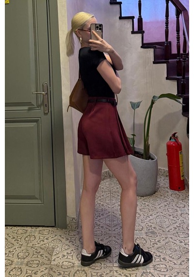 Madmext Bordo Pileli Kadın Mini Şort Etek Mg2402 Bordo