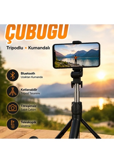 Selfie Çubuğu Tripodlu Kumandalı Telefon Tutucu Siyah
