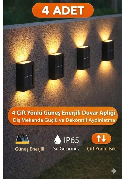 4 Adet Solar Cift Tarafli Duvar Lambasi Gunes Enerjili Aydinlatma Dekorasyon Aplik Dis Mekan Diğer