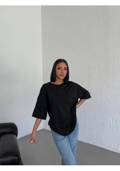 Vinevesta Kadın Düz T-shirt Kısa Kol Bisiklet Yaka Oversize Tişört - Siyah Çok Renkli