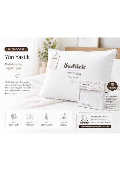 Özdilek %100 Doğal Yün Yastık 50x70 Cm Nefes Alan, Isı Dengeleyici Premium Uyku Yastığı + Su Geçirmez Yastık Kılıfı Hediyeli Krem