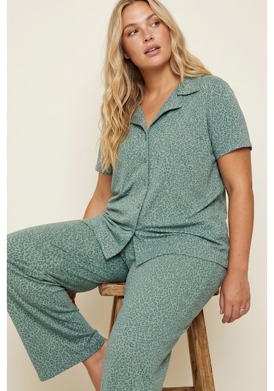 Siyah İnci Büyük Beden Battal Boy Düğmeli Örme Pijama Takım 8016 Yeşil Leopar