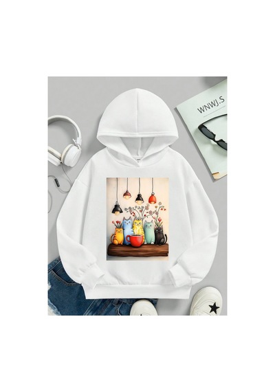 Stil X Sevimli Kediler Baskılı Kapüşonlu Çocuk Sweatshırt Beyaz-3