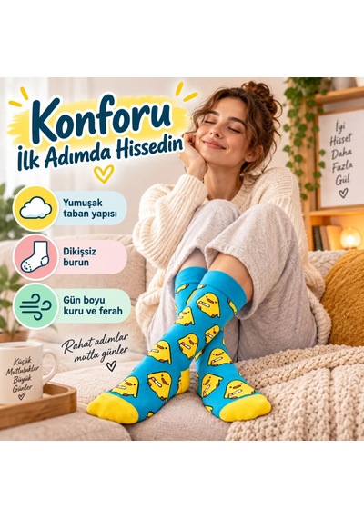 S'82 Renkli Civciv Desenli Unisex Çorap 3'lü Set Yumuşak, Esnek, Konforlu Ve Günlük Kullanıma Uygun sari