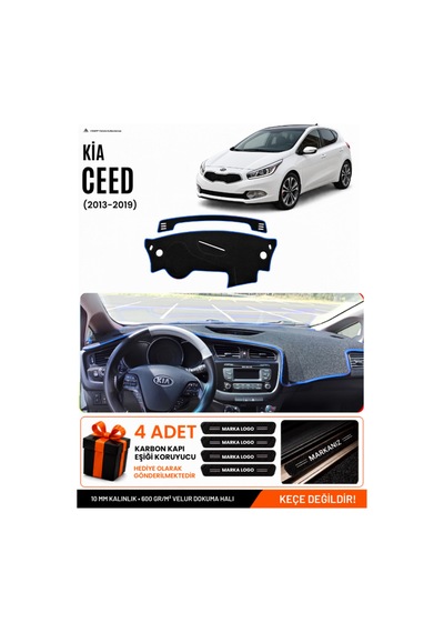 Kia Ceed 2013-2019 Uyumlu Torpido Koruma, Torpido Örtüsü, Torpido Kılıfı - Siyah Mavi