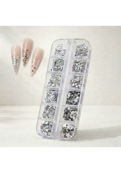 12li Gümüş Renk Tırnak Süsleme Yıldız Dizayn Folyo Pulları Nail Art Wn-115