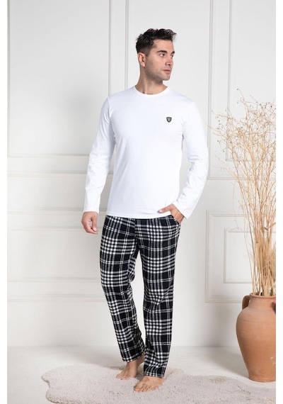 Mecit Pijama Mecit 3082 Erkek Beyaz Ekoseli Büyük Beden Pijama Takımı Beyaz