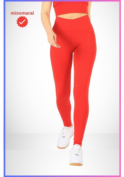 Missmaral Slim Fit Tayt Yüksek Bel Toparlayıcı Kırmızı Spor Model Flatlock Dikiş Detaylı Oslo 1090 Kırmızı