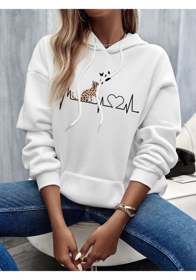 Altamira Beyaz Kedi Baskılı Oversize Kapşonlu Sweatshirt 001