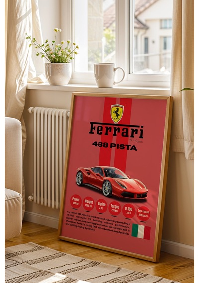 Ferrari 488 Pista Premium Spor Araba Tablosu - Teknik Özellikli İtalyan Otomobil Duvar Dekoru Kayın