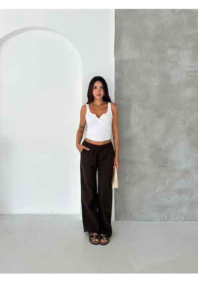 HLT Jeans Koyu Kahverengi Kadın Bel Lastik Detaylı İnce Dökümlü Baggy Keten Görünümlü Pantolon Emily-3023
