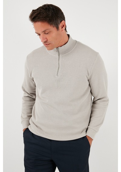 Buratti Pamuklu Relaxed Fit Yarım Fermuarlı Sıfır Yaka Örme Erkek Sweat 5901076 Taş