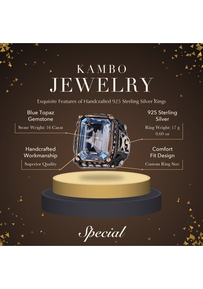 Kambo El Yapımı 925 Ayar Gümüş Mavi Topaz Taşlı Erkek Yüzük - 17 Gr