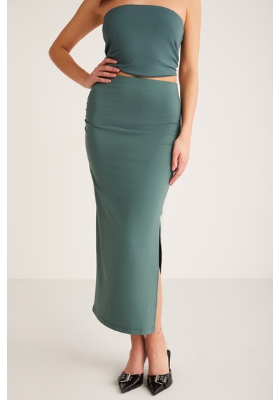 Ethıquet Madıson Kadın Slim Fit Dar Kesim Vücuda Oturan Yırtmaç Detaylı Beli Lastikli Örme Yeşil Ete