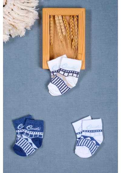 Cocole Socks Erkek Bebek Soket Çorabı 3 Lü Set Pamuklu Özel Logolu & Çizgi Desenli Çok Renkli