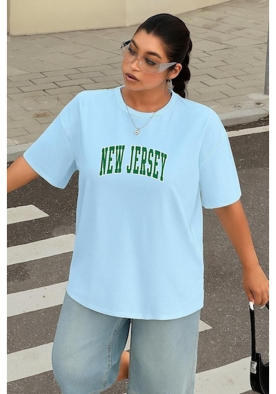 Benroma Büyük Beden New Jersey Baskılı Unisex Tişört Bebe Mavisi