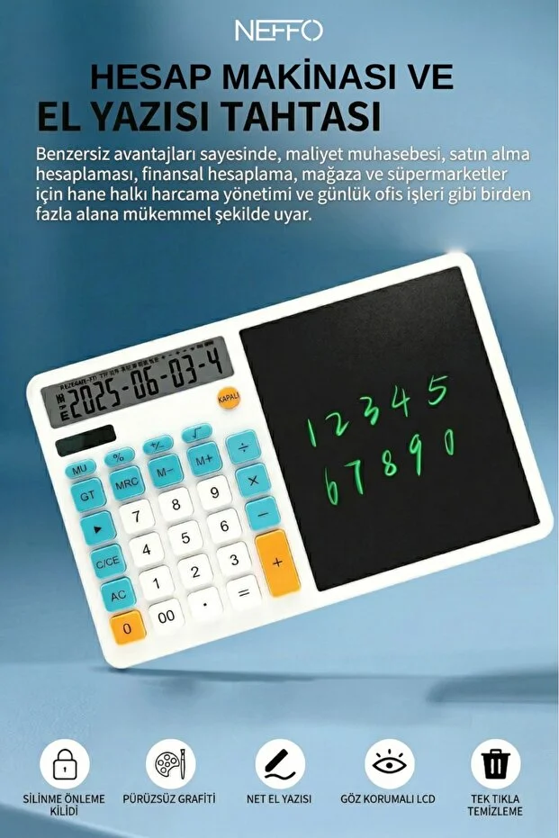 Güneş Enerjili Hesap Makinesi Yazı Tableti 12 Haneli Lcd Ekran Silinebilir Dijital Beyaz
