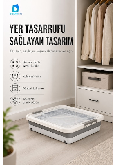 45 L Tekerlekli Katlanabilir Saklama Kutusu Kapaklı Çok Amaçlı Ev Düzenleyici Organizer Beyaz - Gri