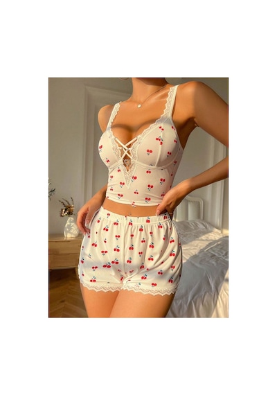 Bella Notte Kiraz Desenli Dantelli Önü Bağcıklı Üst Ve Şort Pijama Takımı Beyaz